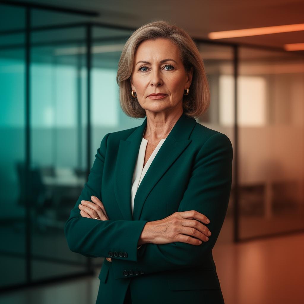 Consultora senior con expresión profesional en una oficina corporativa moderna