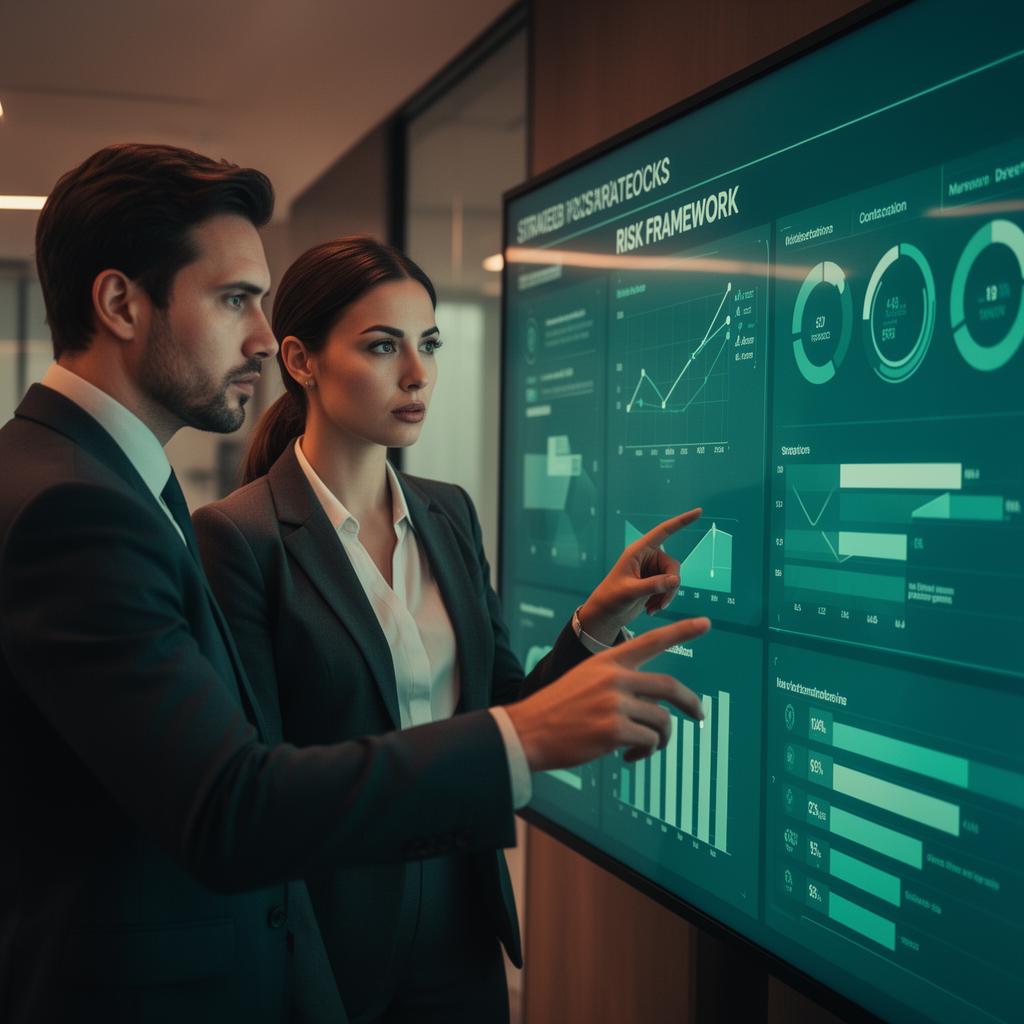 Consultores analizando un tablero de indicadores de riesgo y estrategia