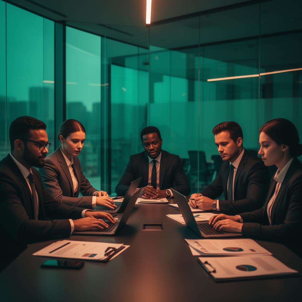 Equipo de consultores profesionales colaborando en una sala de juntas moderna